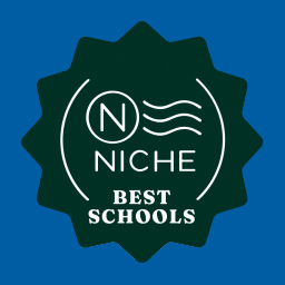A dark green, star-shaped badge with white text reading "NICHE BEST SCHOOLS" on a blue background.